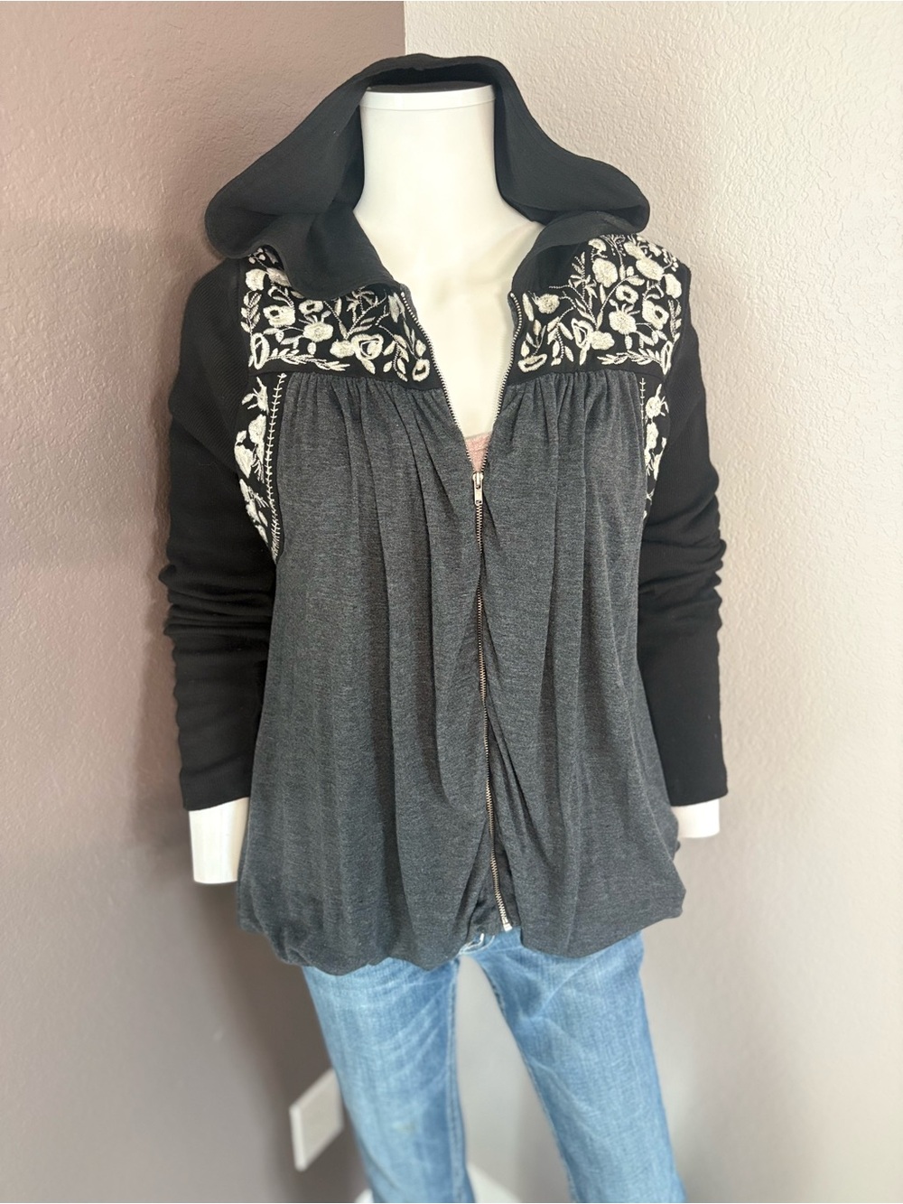 Black & Charcoal Embroidered Hooded Bomber Jacket